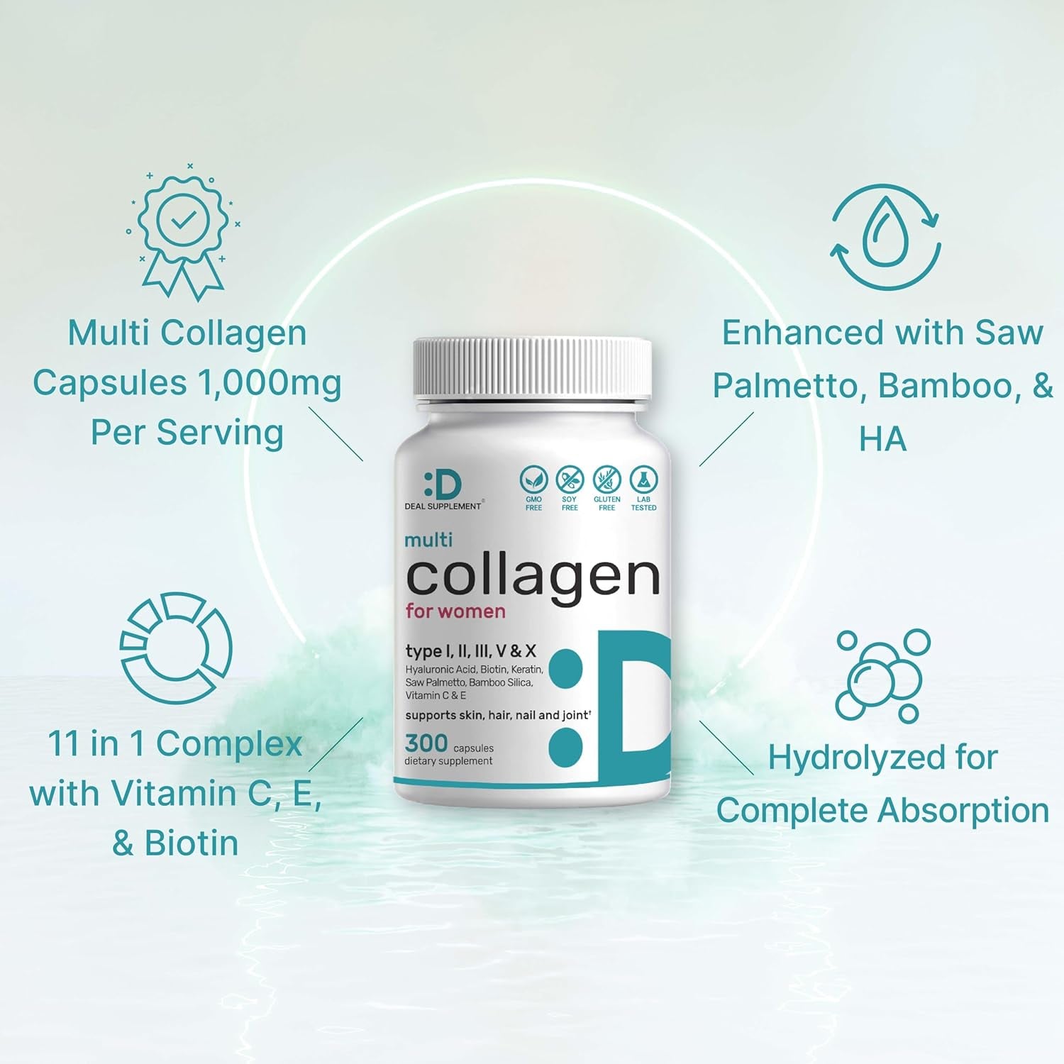 Multi-Collagen Pills for Women with Vitamin C, E, & Biotin, 300 Capsules – 11 in 1 Formula with Saw Palmetto, Bamboo Silica, & Hyaluronic Acid – Hair, Skin, Nail, & Joint Health