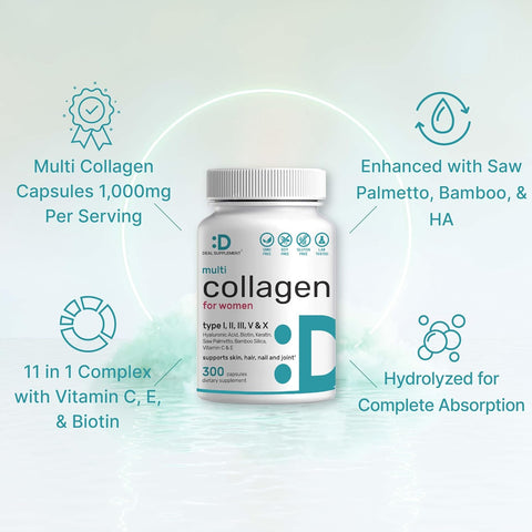 Multi-Collagen Pills for Women with Vitamin C, E, & Biotin, 300 Capsules – 11 in 1 Formula with Saw Palmetto, Bamboo Silica, & Hyaluronic Acid – Hair, Skin, Nail, & Joint Health