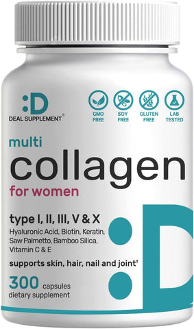 Multi-Collagen Pills for Women with Vitamin C, E, & Biotin, 300 Capsules – 11 in 1 Formula with Saw Palmetto, Bamboo Silica, & Hyaluronic Acid – Hair, Skin, Nail, & Joint Health