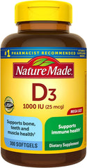 Vitamin D3 1000 IU (25 Mcg), Dietary Supplement for Bone, Teeth, Muscle and Immune Health Support, 300 Softgels, 300 Day Supply