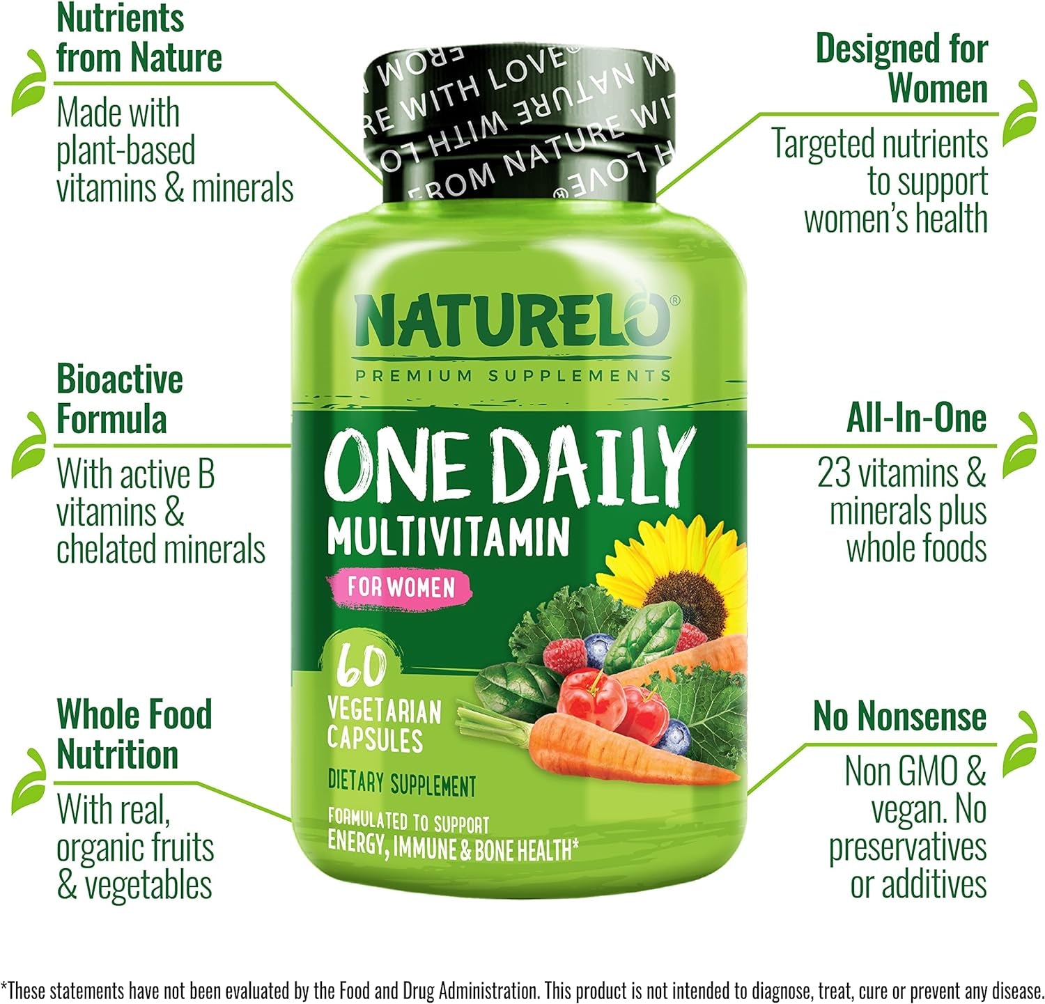 One Daily Multivitamin for Women - Energy Support - Whole Food Supplement to Nourish Hair, Skin, Nails - Non-Gmo - No Soy - Gluten Free - 60 Capsules - 2 Month Supply