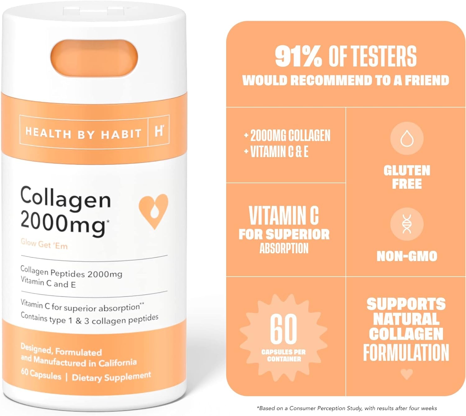 Health by Habit Collagen Supplement (60 Capsules) - Vitamin C & Vitamin E, 2000Mg, Collagen Peptides, Superior Absorption, Support Your Skin, Non-Gmo, Sugar Free (1 Pack)