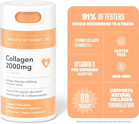 Health by Habit Collagen Supplement (60 Capsules) - Vitamin C & Vitamin E, 2000Mg, Collagen Peptides, Superior Absorption, Support Your Skin, Non-Gmo, Sugar Free (1 Pack)