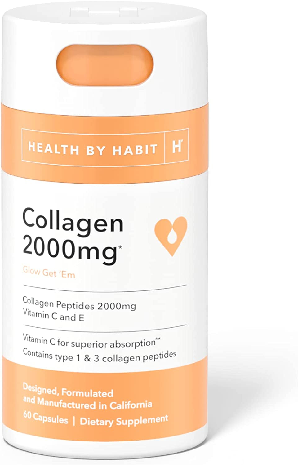 Health by Habit Collagen Supplement (60 Capsules) - Vitamin C & Vitamin E, 2000Mg, Collagen Peptides, Superior Absorption, Support Your Skin, Non-Gmo, Sugar Free (1 Pack)